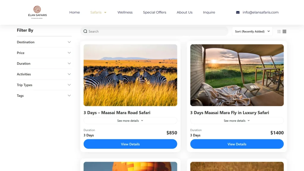 Elan Safaris website safari packages page